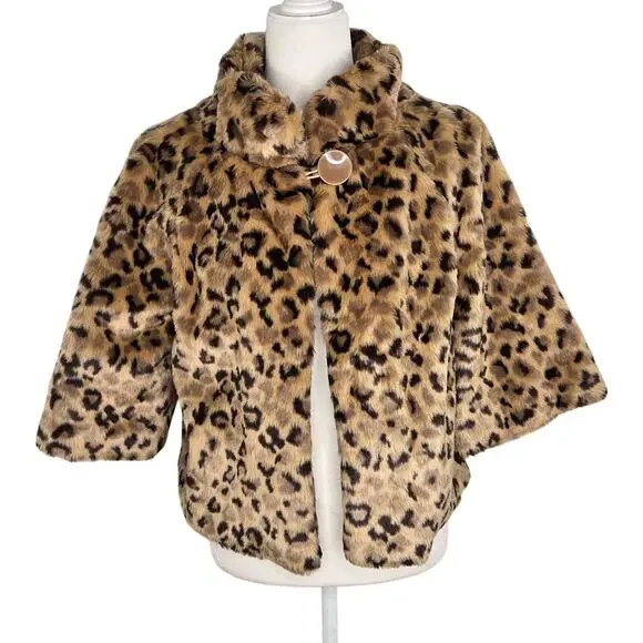 Relativity EUC crop leopard faux fur coat jacket 10 petite brown tan - Picture 1 of 17